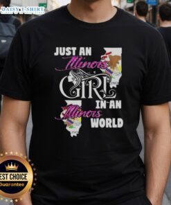 Alt Text: Illinois girl wearing a stylish 'Just An Illinois Girl In An Illinois World' T-shirt, showcasing local pride.
