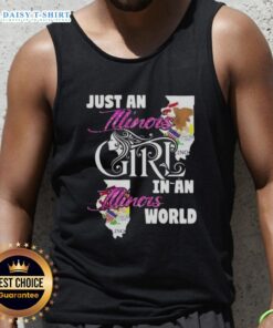 Illinois girl wearing a tank top with 'Just an Illinois Girl in an Illinois World' slogan at a sunny outdoor event.