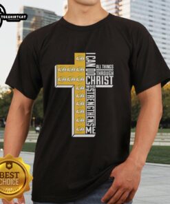 Los Angeles Rams 'I Can Do All Things Through Christ Who Strengthens Me' cross T-shirt in vibrant blue and gold colors.