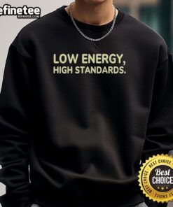 Cozy Nice Low Energy High Standards sweatshirt displayed on a hanger, perfect for casual and stylish outfits.