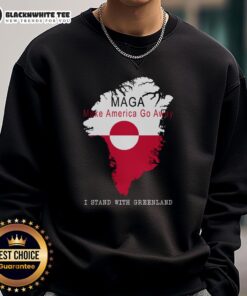 Nice Maga Make America Go Away Greenland Map Sweatshirt featuring a vibrant graphic of Greenland and bold text design.