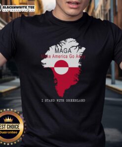 Nice Maga Make America Go Away Greenland Map T-Shirt featuring a colorful graphic of Greenland and a bold slogan.