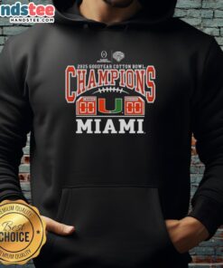 Alt Text: 2025 Goodyear Cotton Bowl Champions hoodie featuring Miami Hurricanes game score design for fans.