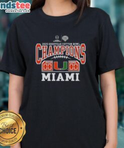 Miami Hurricanes 2025 Cotton Bowl Champions ladies tee featuring game score and team logo, perfect for fans.
