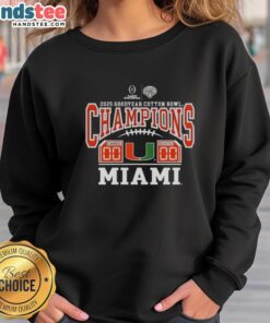 Miami Hurricanes 2025 Cotton Bowl Champions sweatshirt featuring game score, perfect for fans and collectors.