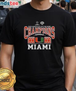 Alt Text: Nice Miami Hurricanes 2025 Goodyear Cotton Bowl Champions T-Shirt featuring vibrant team colors and winning game score.