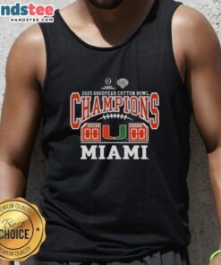 Miami Hurricanes 2025 Goodyear Cotton Bowl Champions tank top featuring game score and team logo.