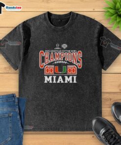 Miami Hurricanes 2025 Goodyear Cotton Bowl Champions washed t-shirt showcasing team pride and game score detail.