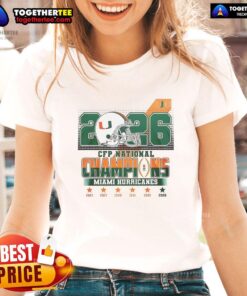 Alt Text: Ladies tee featuring Nice Miami Hurricanes CFP National Champions 2026 helmet design, perfect for fans.
