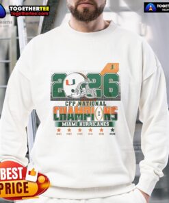 Alt Text: Nice Miami Hurricanes CFP National Champions 2026 helmet sweatshirt featuring team colors and logo.