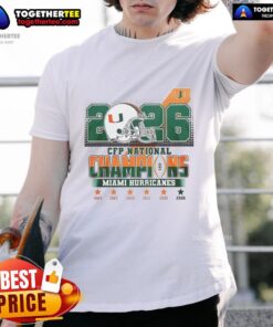 Alt Text: Miami Hurricanes CFP National Champions 2026 helmet t-shirt showcasing team pride and championship spirit.