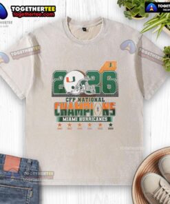 Alt Text: 2026 Miami Hurricanes CFP National Champions helmet design on a washed t-shirt, perfect for fans and collectors.