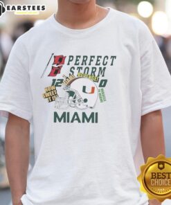 Nice Miami Hurricanes Helmet T-Shirt featuring 'Perfect Storm Revenge' design for fans of college football apparel.
