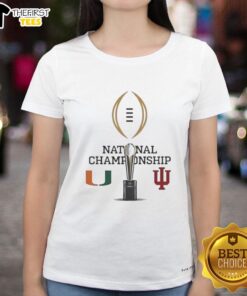 2026 CFP Champions fan logo tee featuring Miami Hurricanes vs Indiana Hoosiers for ladies, showcasing team spirit.