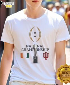 Miami Hurricanes vs Indiana Hoosiers 2026 CFP Champions fan logo T-shirt featuring vibrant team graphics.