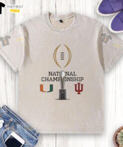 Fan wearing Nice Miami Hurricanes vs Indiana Hoosiers 2026 CFP Champions washed t-shirt, showcasing team pride.