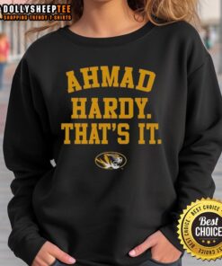 Ahmad Hardy wearing a Nice Mizzou Tigers sweatshirt, showcasing school spirit and style for fans.