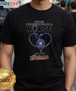 Alt Text: Nurse wearing a Houston Astros stethoscope heart t-shirt, showcasing love for baseball and healthcare.