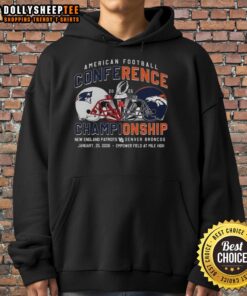 2025 New England Patriots vs Denver Broncos American Football Conference helmet hoodie, showcasing team logos and colors.