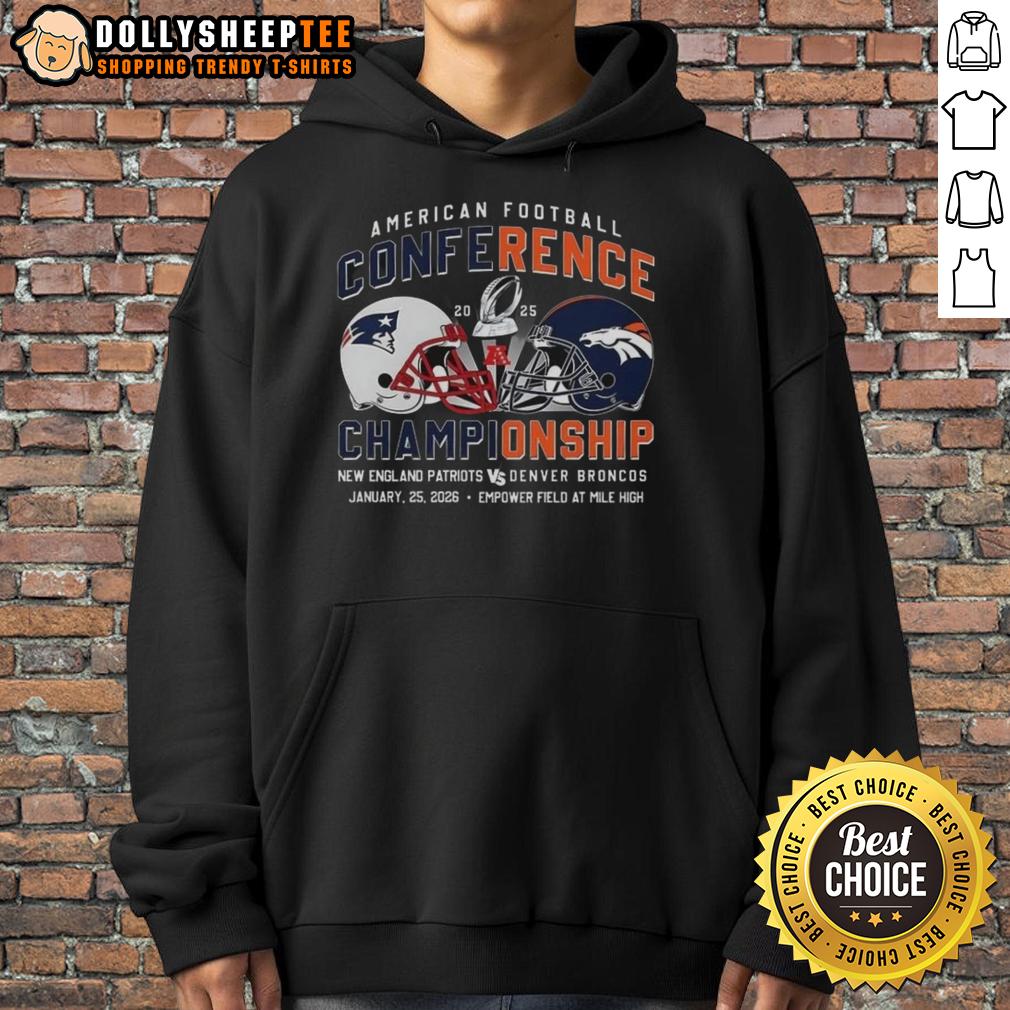 Nice New England Patriots Vs Denver Broncos American Football Conference 2025 Helmet Hoodie 2025 New England Patriots vs Denver Broncos American Football Conference helmet hoodie, showcasing team logos and colors.