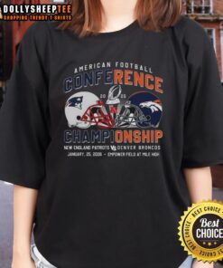 Alt Text: 2025 New England Patriots vs Denver Broncos American Football Conference ladies tee featuring team helmets.