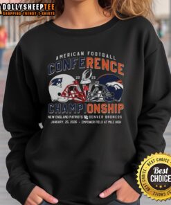 Nice New England Patriots vs Denver Broncos 2025 American Football Conference helmet sweatshirt design.