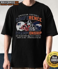 Nice New England Patriots vs Denver Broncos 2025 helmet t-shirt showcasing team logos and vibrant design for fans.