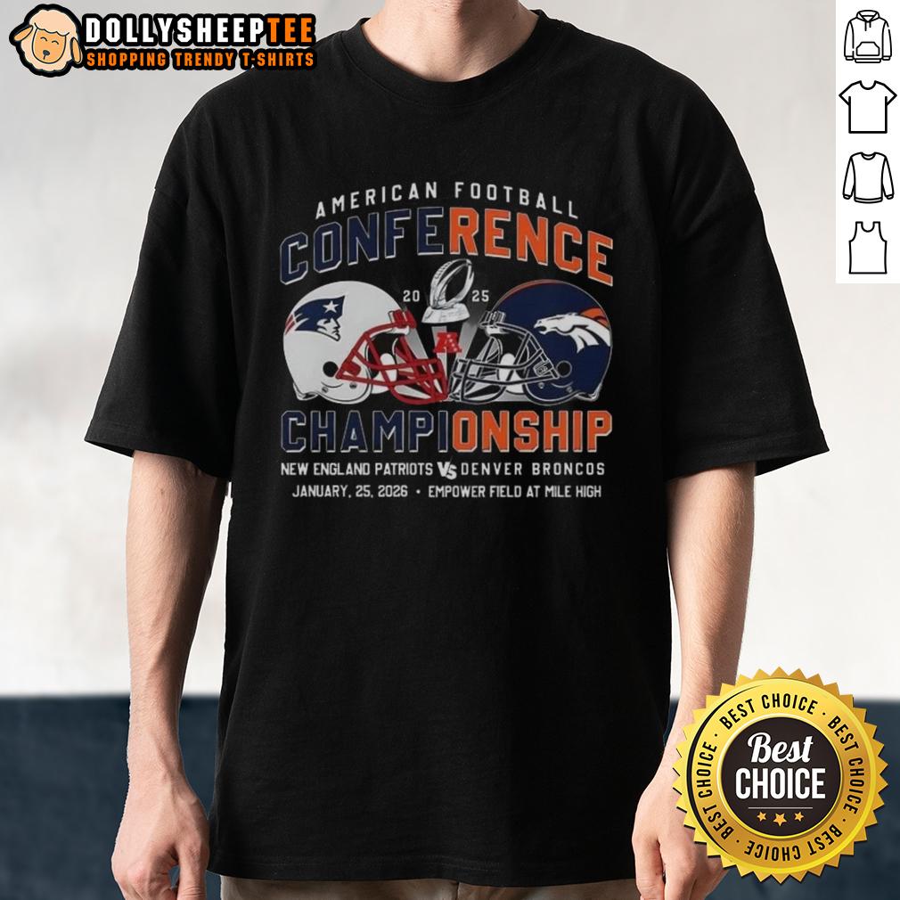 Nice New England Patriots Vs Denver Broncos American Football Conference 2025 Helmet T-Shirt Nice New England Patriots vs Denver Broncos 2025 helmet t-shirt showcasing team logos and vibrant design for fans.