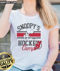 2026 Ladies Tee for Nice New Jersey Devils Snoopy's Hockey Camps featuring vibrant graphics and team colors.