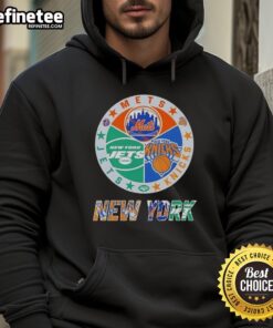 Alt Text: Nice New York City sports hoodie featuring Mets, Knicks, and Jets logos for fans of NYC teams.