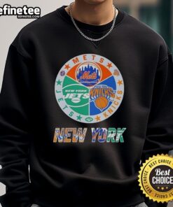 Nice New York City sports sweatshirt featuring Mets, Knicks, and Jets logos for fans of NYC teams.