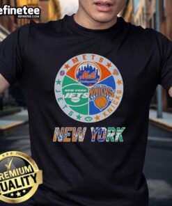 Nice New York City sports t-shirt featuring Mets, Knicks, and Jets logos, perfect for fans of NYC teams.