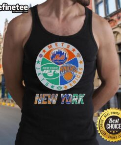 Alt Text: Stylish tank top featuring combined logos of Mets, Knicks, and Jets for New York City sports fans.