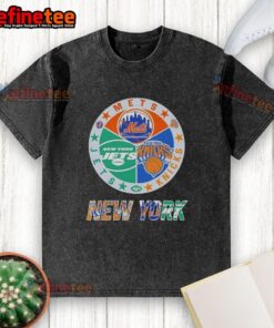Alt Text: Nice New York City sports t-shirt featuring Mets, Knicks, and Jets logos in a stylish, washed design.