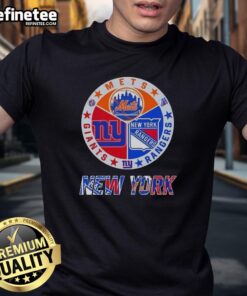 Nice New York City Sports t-shirt featuring Mets, Rangers, and Giants logos for fans of NYC teams.
