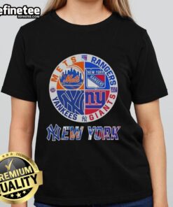 Ladies tee featuring combined logos of New York City sports teams: Mets, Rangers, Giants, and Yankees.