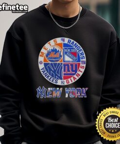 Cozy sweatshirt featuring combined logos of New York Mets, Rangers, Giants, and Yankees for sports fans.