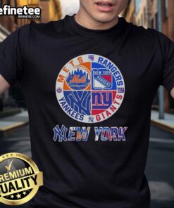 Nice New York City sports t-shirt featuring Mets, Rangers, Giants, and Yankees logos combined in a stylish design.