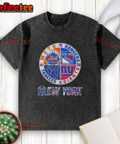 Nice New York City sports t-shirt featuring Mets, Rangers, Giants, and Yankees logos for fans of NYC teams.