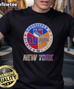 NYC sports logos t-shirt featuring Rangers, Knicks, and Giants designs, perfect for fans of New York City sports teams.