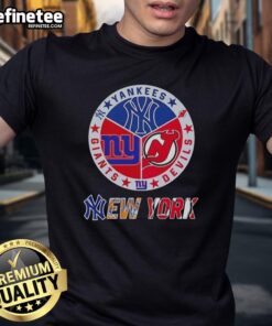 Nice New York City Sports Yankees Devils Giants logos combine T-shirt design featuring iconic team emblems.