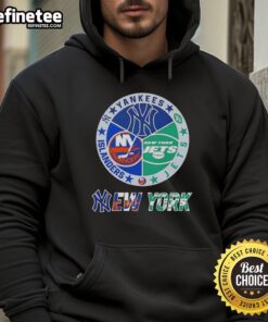 Yankees, Jets, Islanders logos combine on a stylish hoodie showcasing New York City sports spirit.