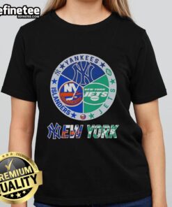 Alt Text: Ladies tee featuring combined logos of New York Yankees, Jets, and Islanders in a stylish sports design.