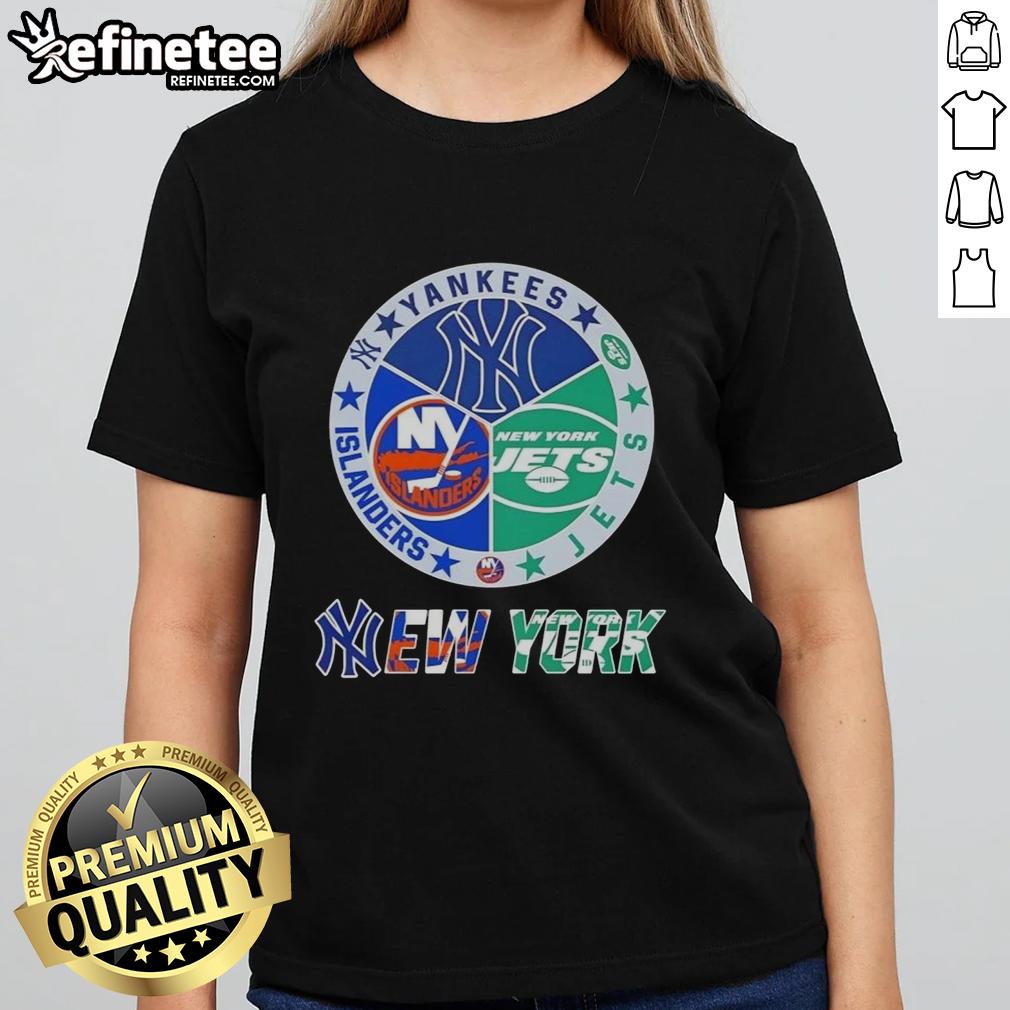 nice-new-york-city-sports-yankees-jets-islanders-logos-combine-ladies-tee Alt Text: Ladies tee featuring combined logos of New York Yankees, Jets, and Islanders in a stylish sports design.