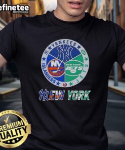 Alt Text: Nice New York City Sports Yankees Jets Islanders logos combine t-shirt showcasing iconic team designs.