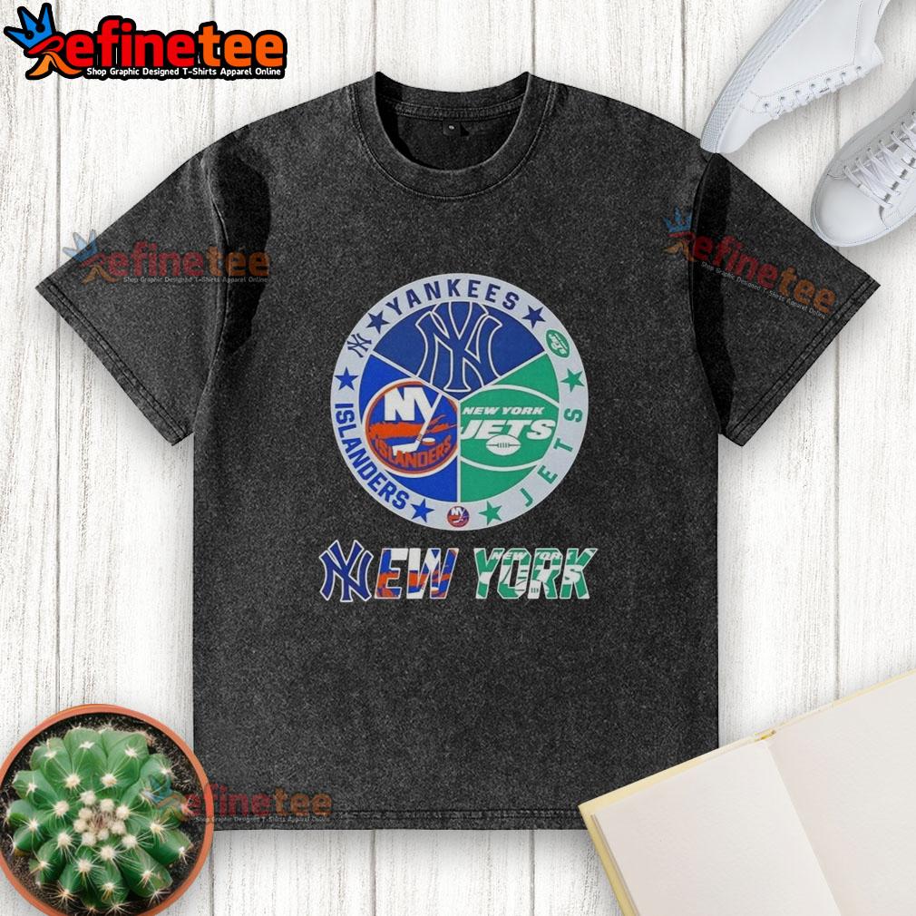 nice-new-york-city-sports-yankees-jets-islanders-logos-combine-washed-t-shirt Alt Text: Nice New York City Sports Yankees Jets Islanders logos combine on a washed t-shirt, perfect for fans.