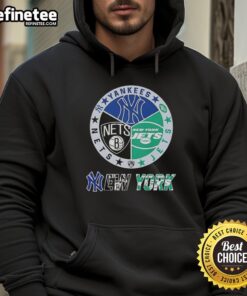 Combine hoodie featuring logos of New York Yankees, Jets, and Nets for sports fans in NYC.