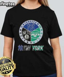 Stylish ladies tee featuring combined logos of Yankees, Jets, and Nets, perfect for New York City sports fans.
