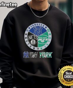 Alt Text: Nice New York City sports sweatshirt featuring Yankees, Jets, and Nets logos for fans of NYC teams.