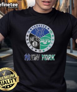 Nice New York City sports t-shirt featuring Yankees, Jets, and Nets logos in a stylish combine design.